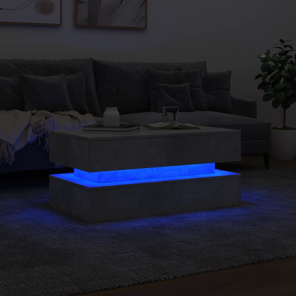 vidaXL kafijas galdiņš ar LED, betona pelēks, 90x50x40 cm
