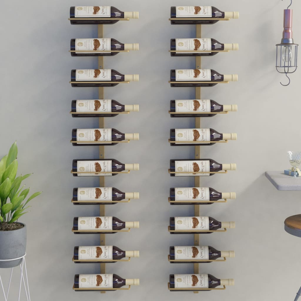 vidaXL vīna pudeļu sienas plaukti 10 pudelēm, 2 gab., zeltains metāls