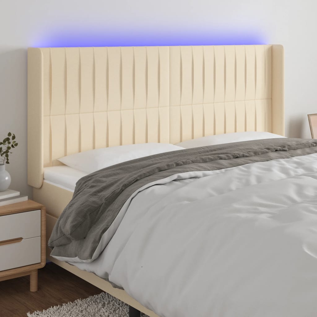 vidaXL gultas galvgalis ar LED, 183x16x118/128 cm, krēmkrāsas audums