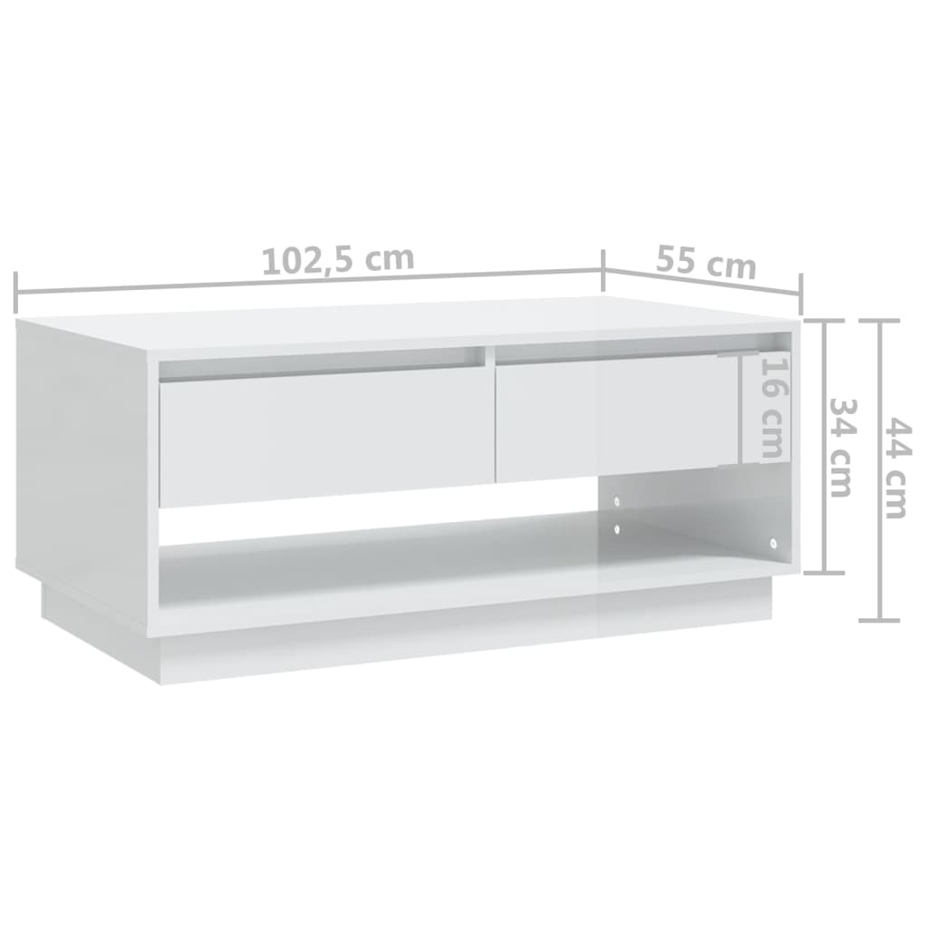 vidaXL kafijas galdiņš, spīdīgi balts, 102,5x55x44 cm, skaidu plāksne