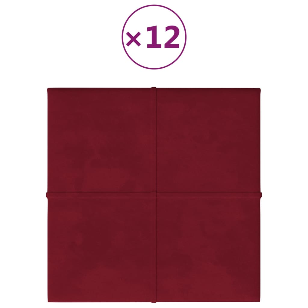 vidaXL sienas paneļi, 12 gab., vīnsarkani, 30x30 cm, samts, 1,08 m²