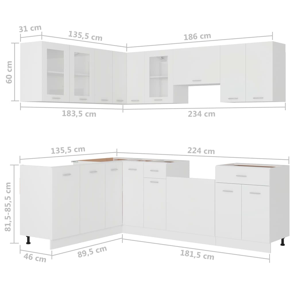 vidaXL 11-daļīgs virtuves skapīšu komplekts, balts, kokskaidu plāksne