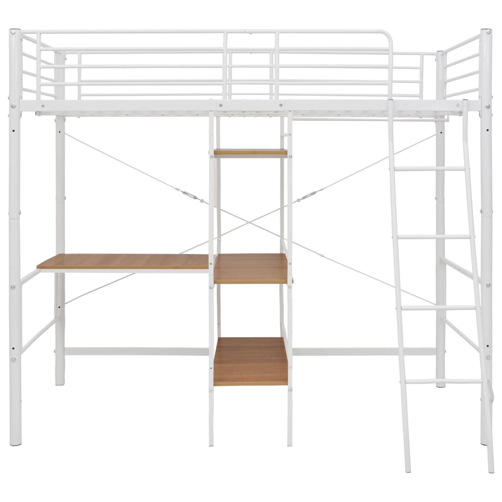 vidaXL divstāvu gulta ar galda rāmi, balts metāls, 90x200 cm