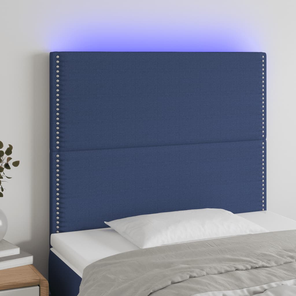 vidaXL gultas galvgalis ar LED, 90x5x118/128 cm, zils audums