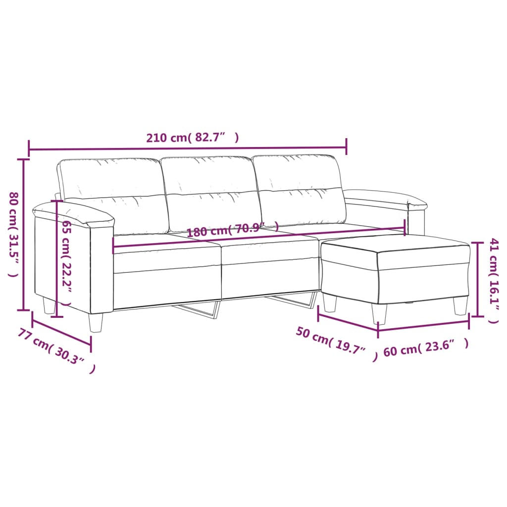 vidaXL trīsvietīgs dīvāns ar kājsoliņu, pelēks mikrošķiedras audums