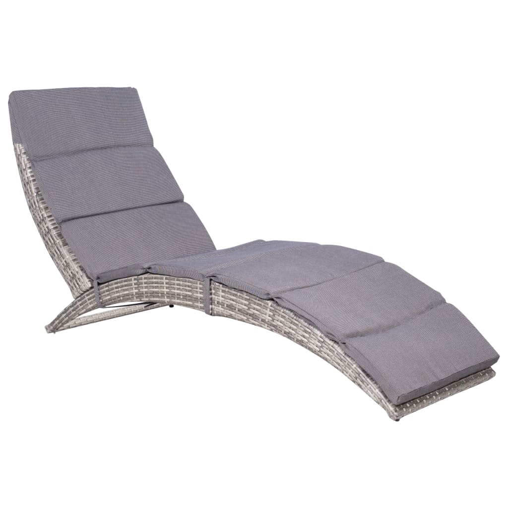vidaXL saliekams sauļošanās krēsls ar matraci, PE rotangpalma, pelēks