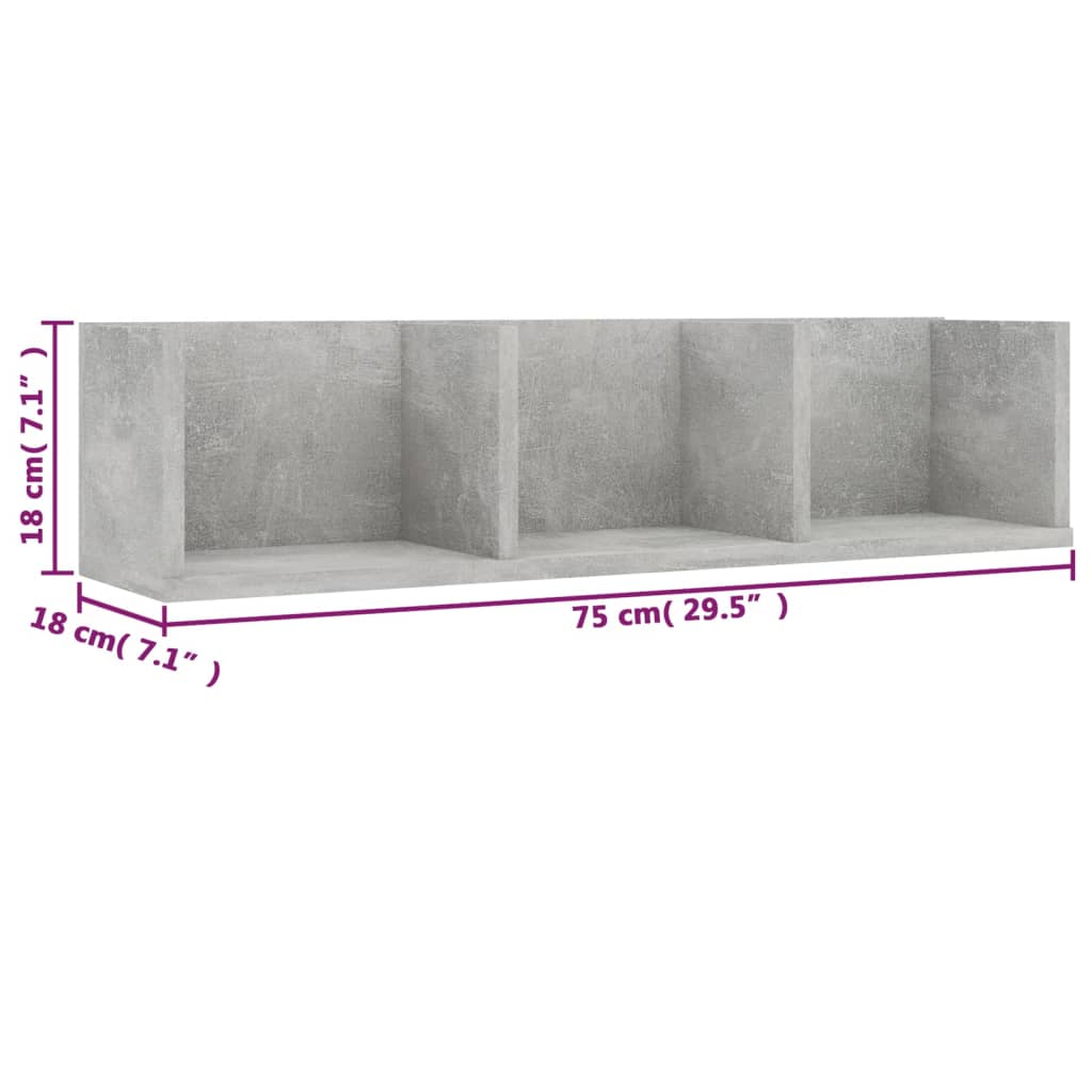 vidaXL CD sienas plaukts, betonpelēks, 75x18x18 cm, skaidu plāksne