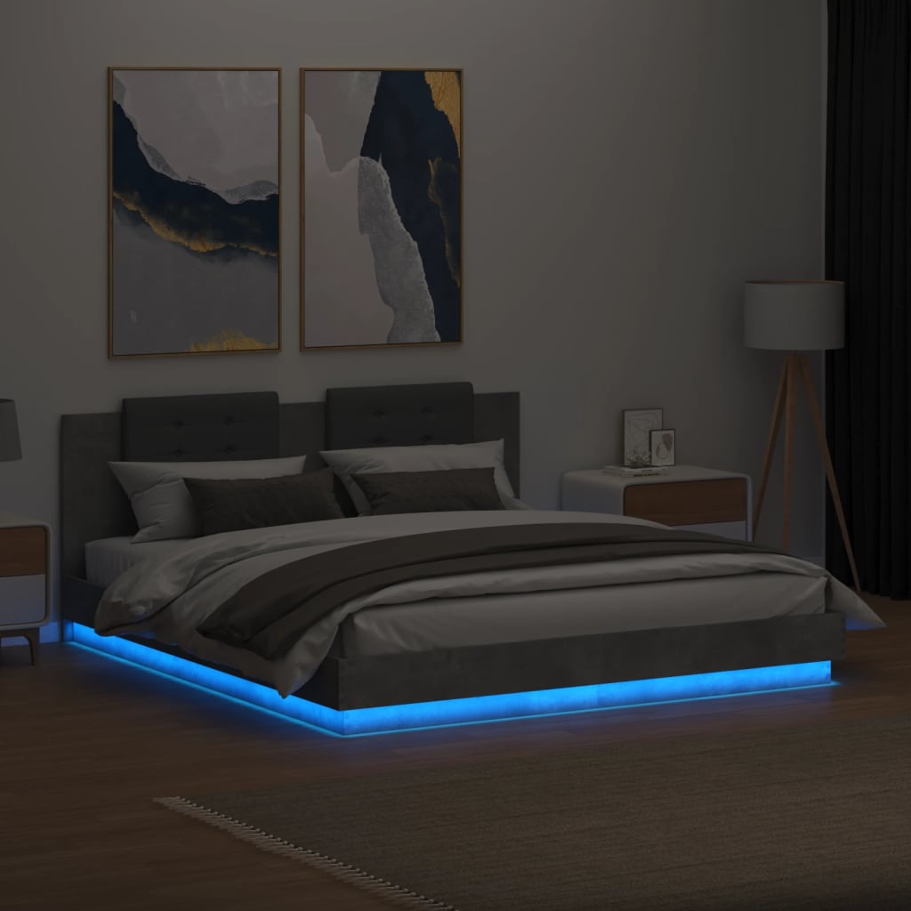 vidaXL gultas rāmis ar galvgali un LED, betona pelēks, 160x200 cm