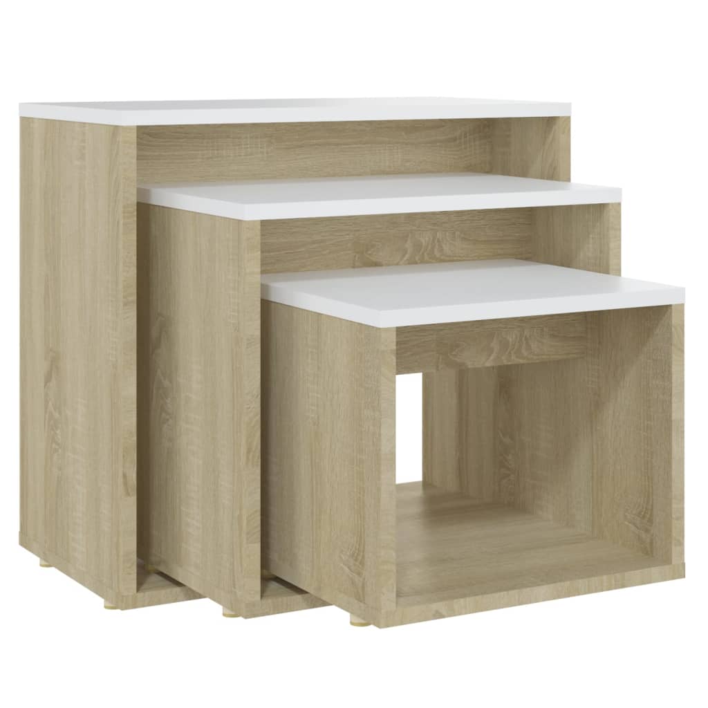 vidaXL galdiņi, 3 gab., sabīdāmi, balta, koka krāsa, skaidu plāksne