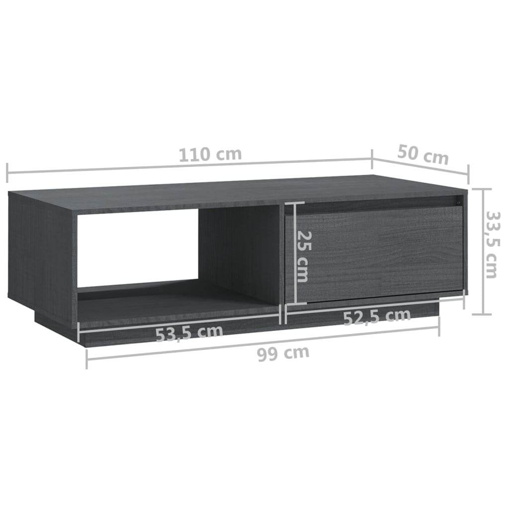 vidaXL kafijas galdiņš, pelēks, 110x50x33,5 cm, priedes masīvkoks