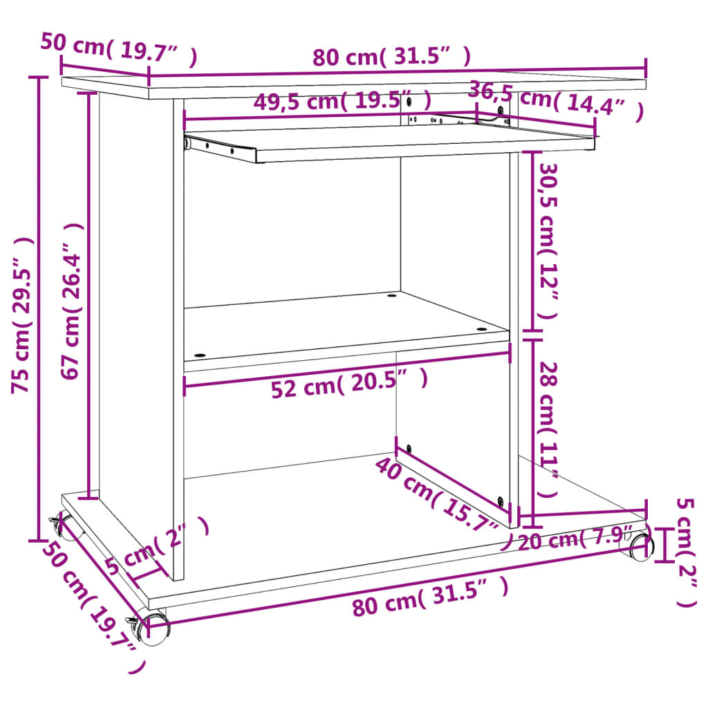 vidaXL datorgalds, balts ar ozolkoku, 80x50x75 cm, kokskaidu plātne