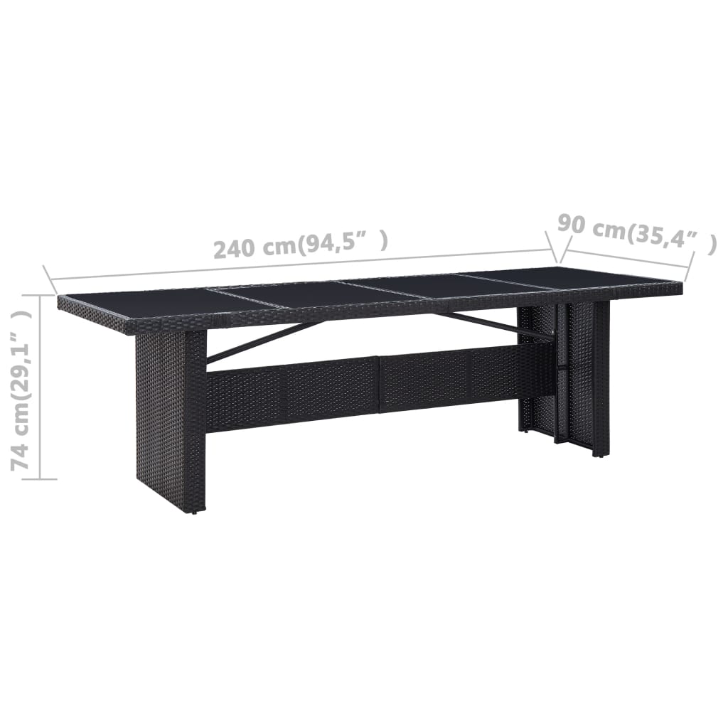 vidaXL dārza galds, melns, 240x90x74 cm, PE rotangpalma, stikls