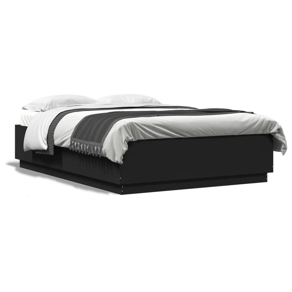 vidaXL gultas rāmis ar LED, melns, 140x200 cm, inženierijas koks