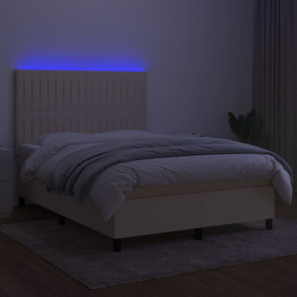 vidaXL atsperu gulta ar matraci, LED, krēmkrāsas audums, 140x200 cm