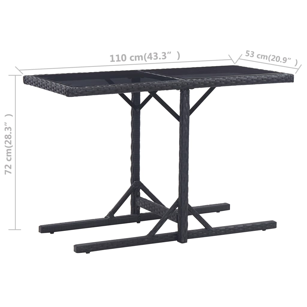 vidaXL dārza galds, melns, 110x53x72 cm, stikls un polietilēna