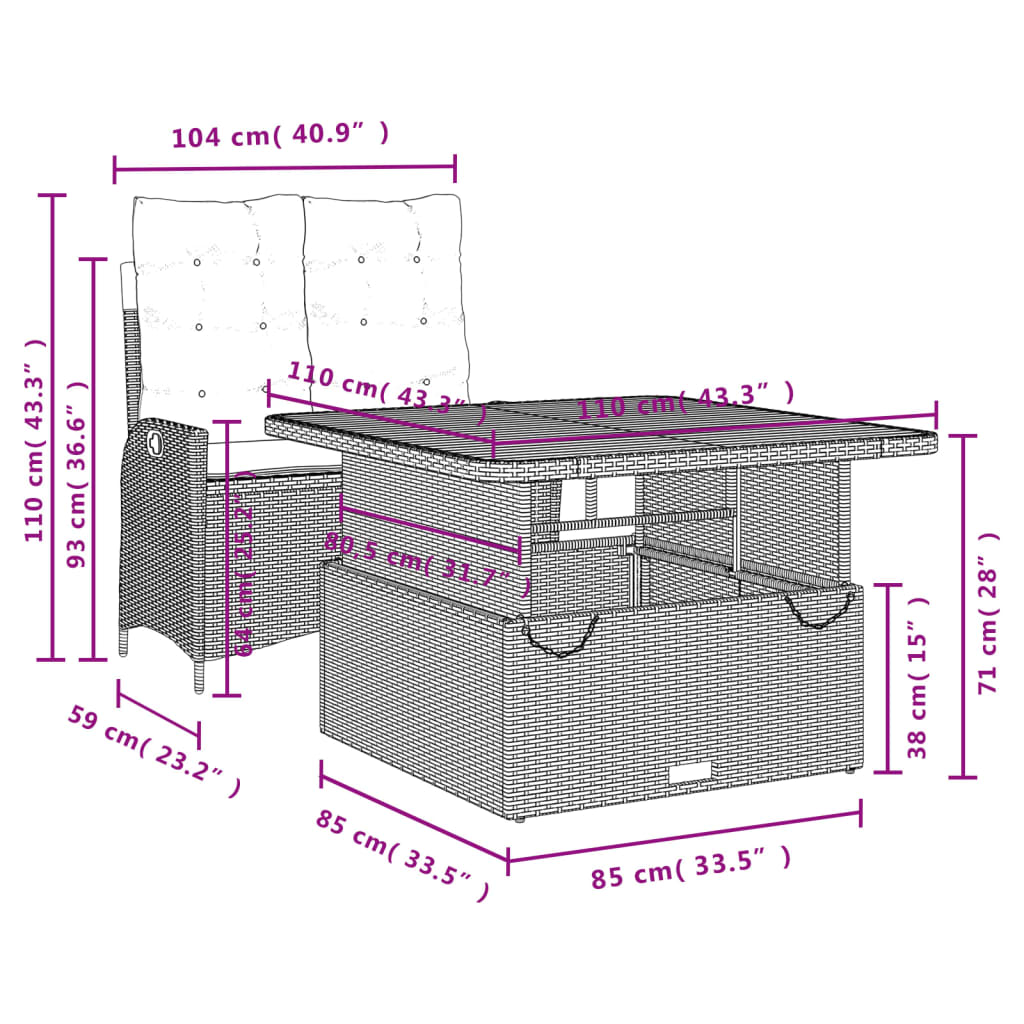 vidaXL 2-daļīgs dārza mēbeļu komplekts, matrači, bēša PE rotangpalma