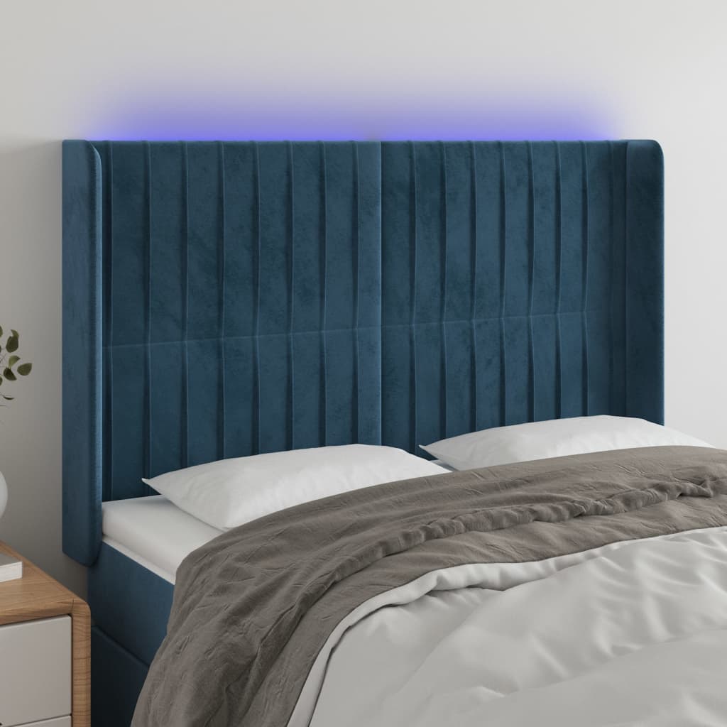 vidaXL gultas galvgalis ar LED, 147x16x118/128 cm, tumši zils samts
