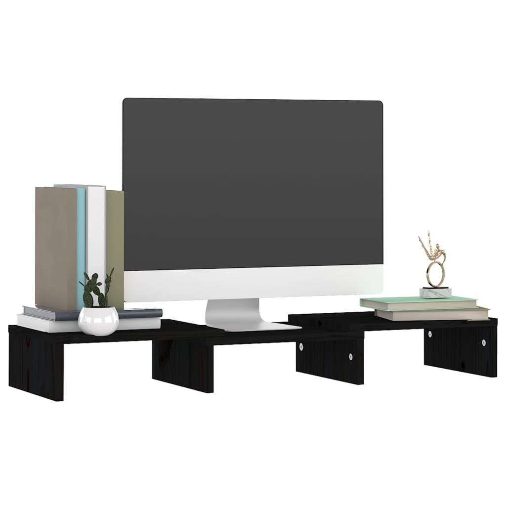 vidaXL monitora paliktnis, melns, 60x24x10,5 cm, priedes masīvkoks