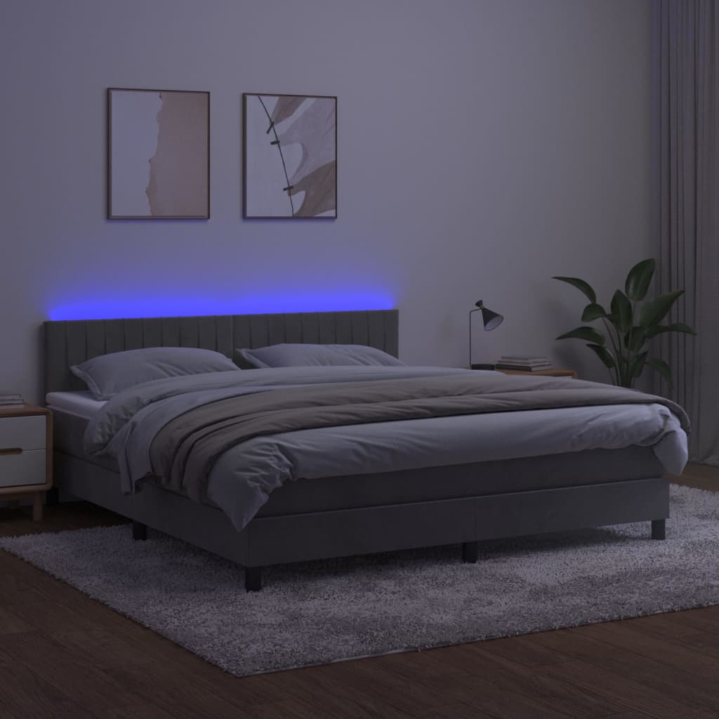 vidaXL atsperu gulta ar matraci, LED, gaiši pelēks samts, 160x200 cm