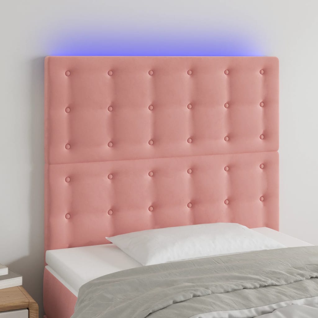 vidaXL gultas galvgalis ar LED, 80x5x118/128 cm, rozā samts
