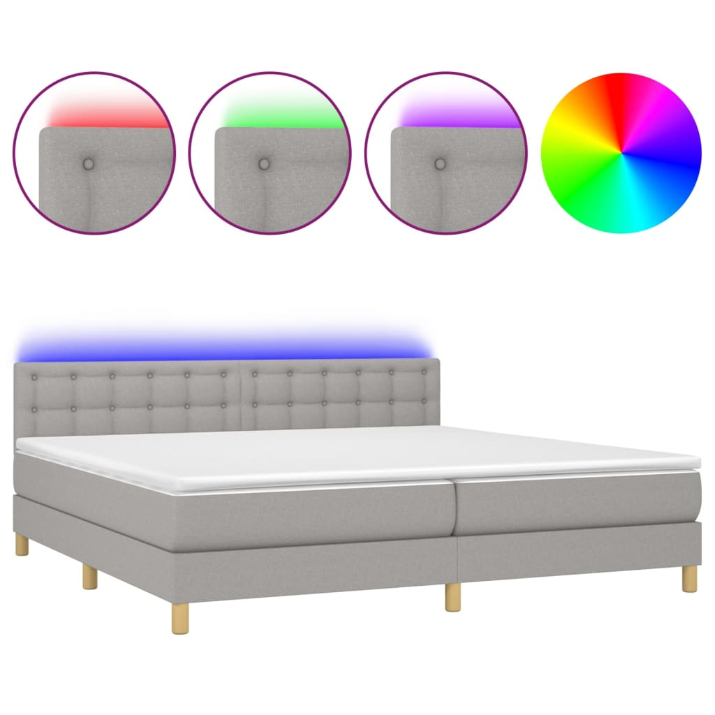 vidaXL atsperu gulta ar matraci, LED, gaiši pelēka audums, 200x200 cm