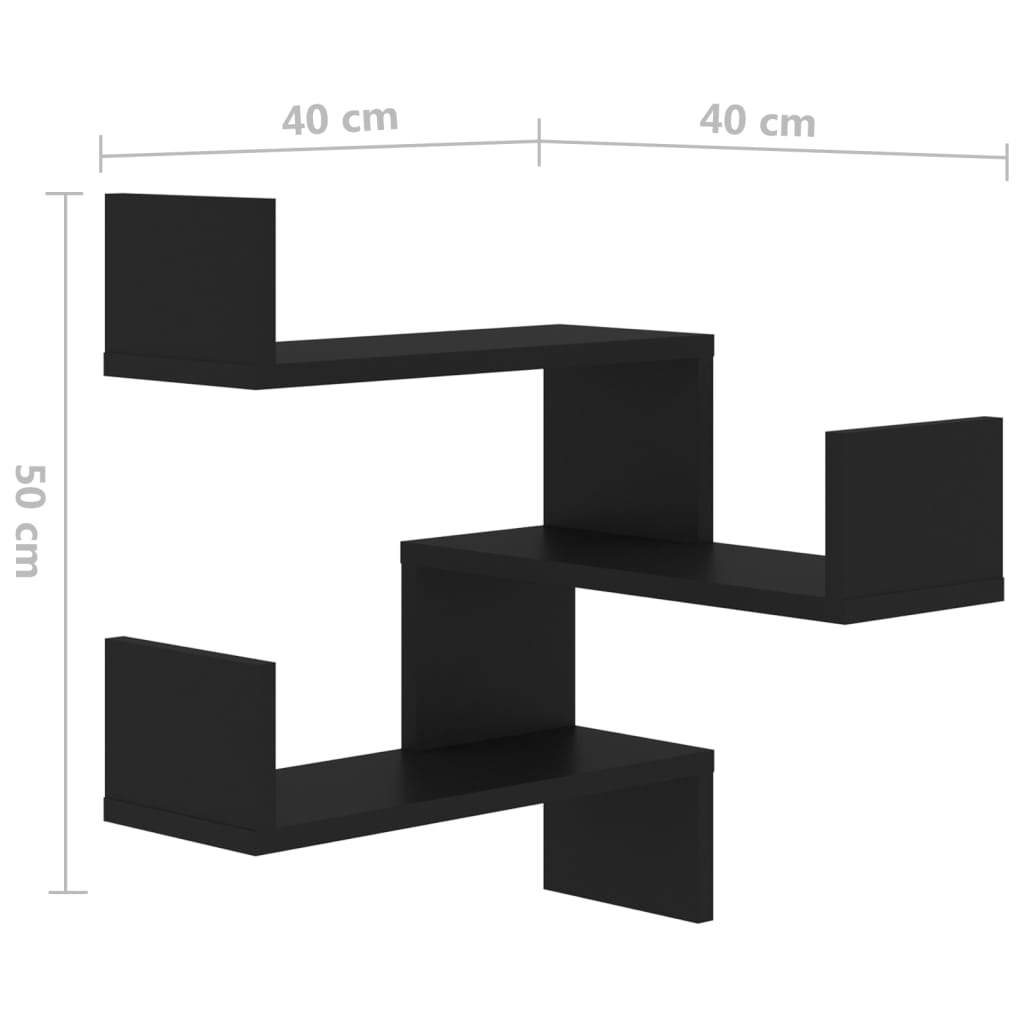 vidaXL sienas stūra plaukti, 2 gb., melni, 40x40x50 cm, skaidu plāksne