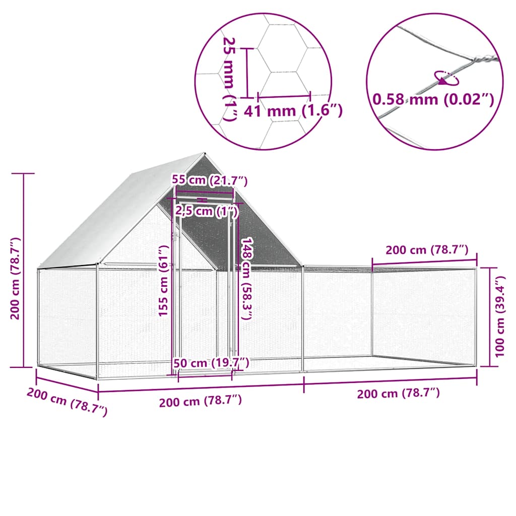 vidaXL vistu būris, 4x2x2 m, cinkots tērauds