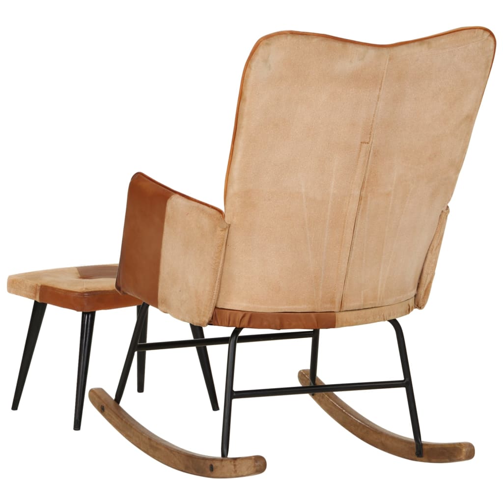 vidaXL šūpuļkrēsls ar kājsoliņu, brūna dabīgā āda un audums