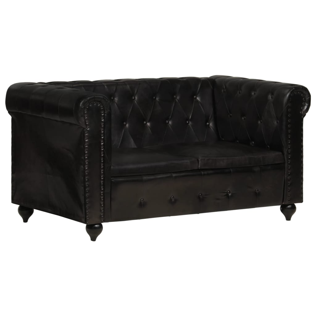 vidaXL divvietīgs Chesterfield dīvāns, melna dabīgā āda
