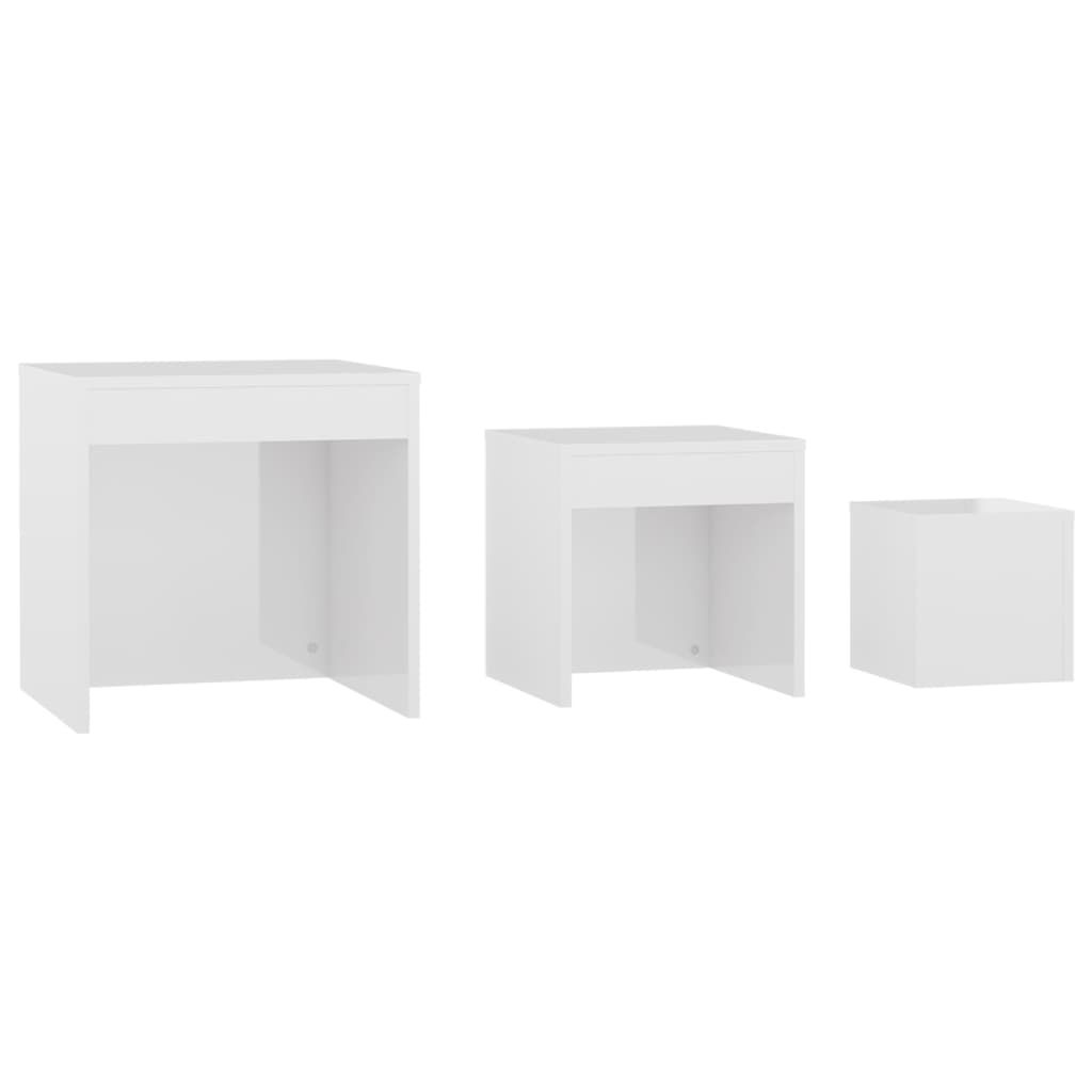 vidaXL galdiņi, 3 gab., sabīdāmi, spīdīgi balti, skaidu plāksne