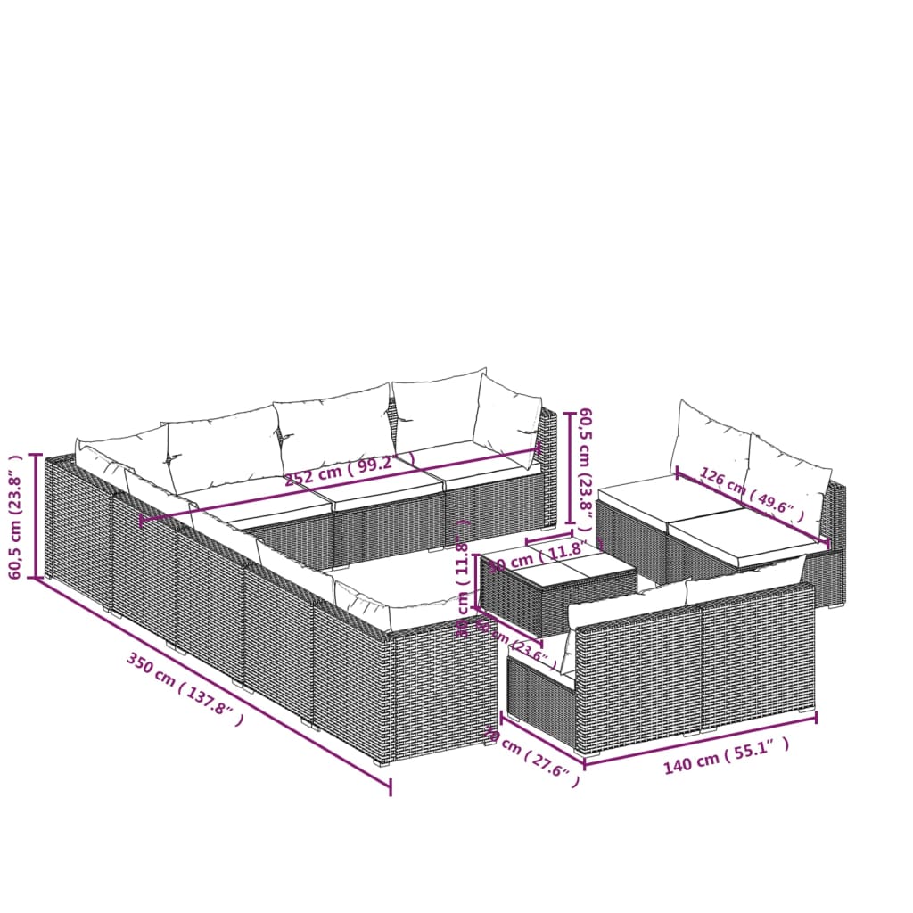 vidaXL 13-daļīgs dārza atpūtas mēbeļu komplekts, brūna PE rotangpalma