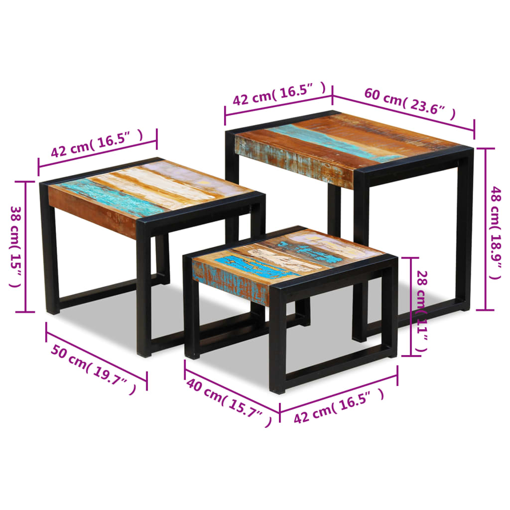 vidaXL kafijas galdiņi, 3 gab., sabīdāmi, pārstrādāts masīvkoks