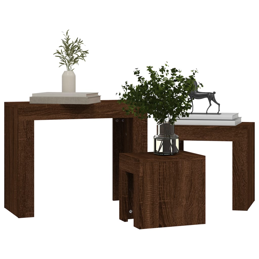 vidaXL kafijas galdiņi, 3 gab., sabīdāmi, brūni, inženierijas koks