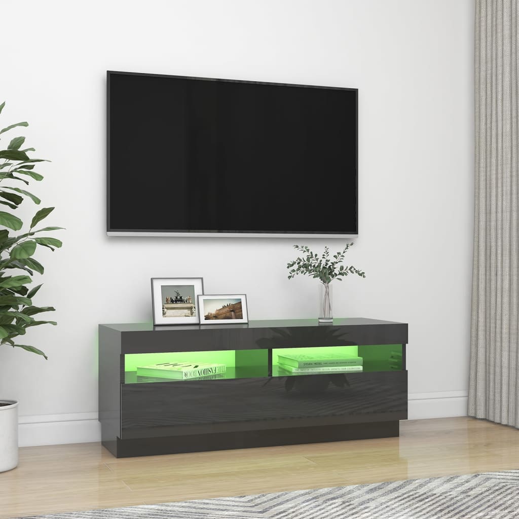 vidaXL TV galdiņš ar LED lampiņām, spīdīgi pelēks, 100x35x40 cm