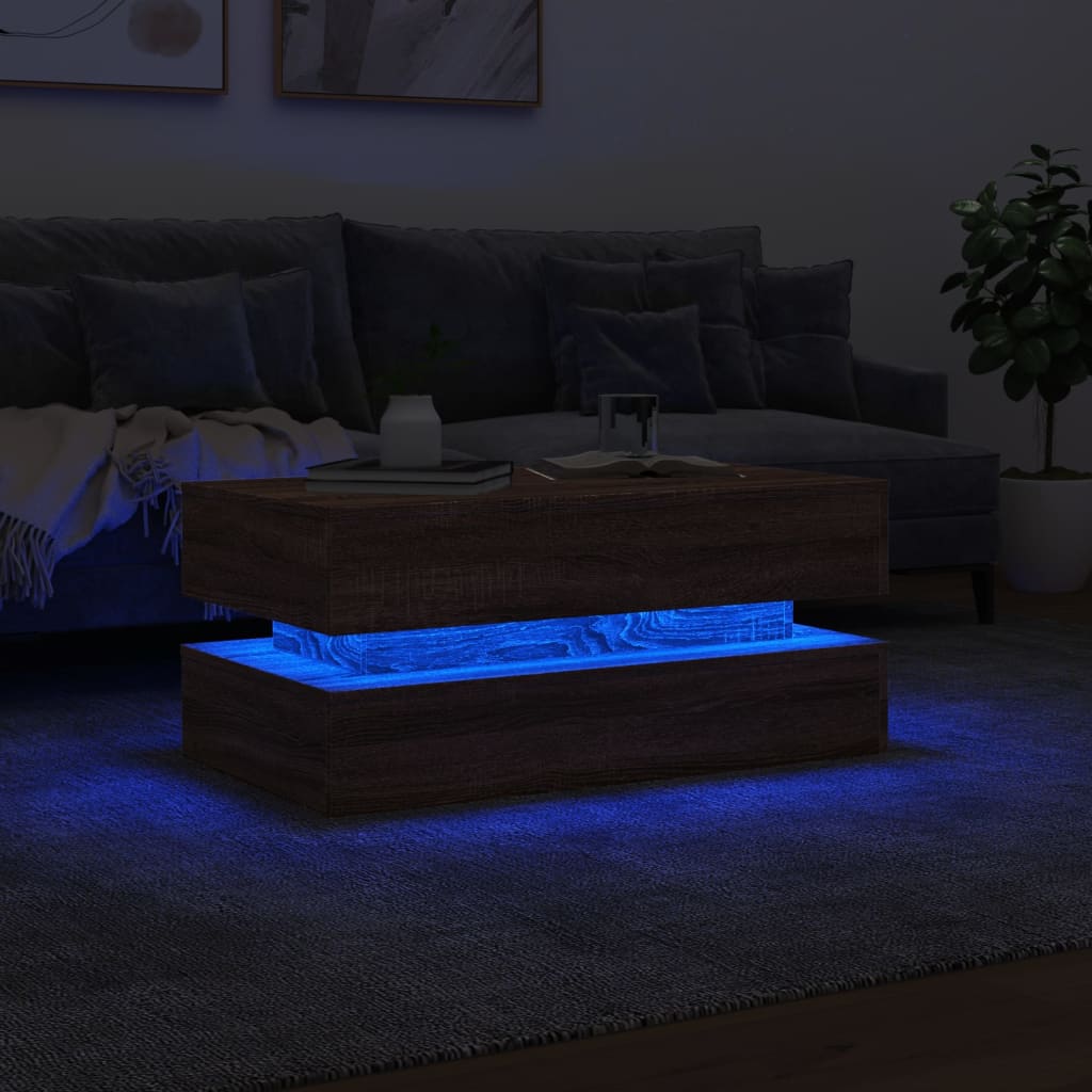 vidaXL kafijas galdiņš ar LED, brūna koka, 90x50x40 cm