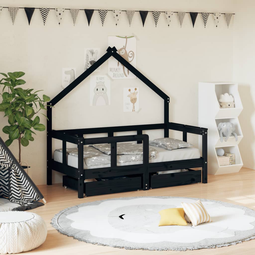 vidaXL bērnu gultas rāmis ar atvilktnēm, melns, priedes masīvkoks