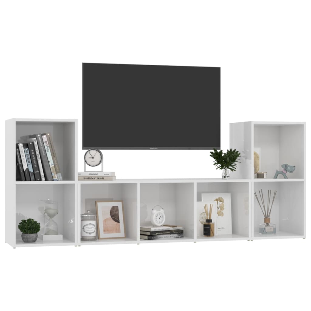 vidaXL 3-daļīgs TV plauktu komplekts, spīdīgi balts, skaidu plāksne
