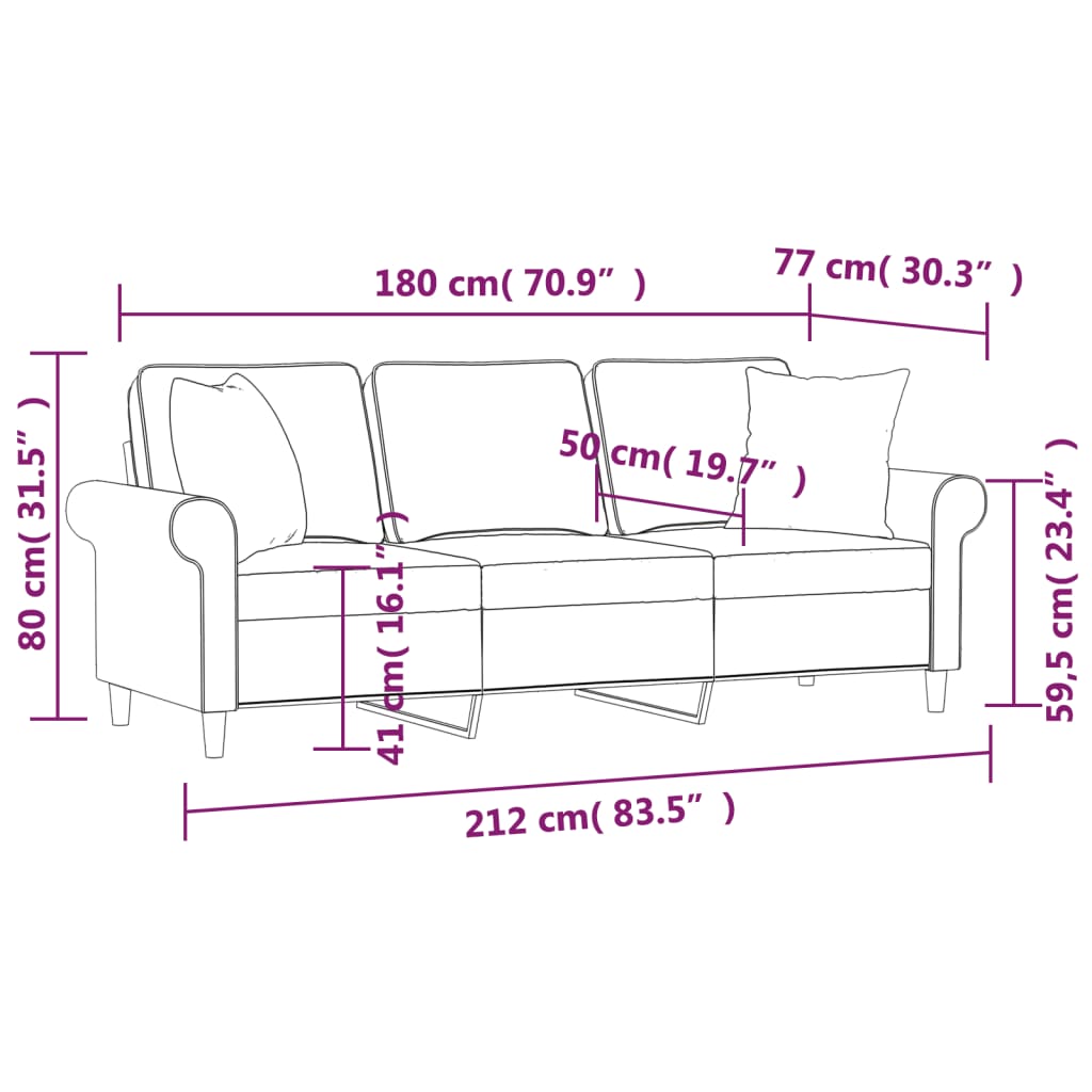 vidaXL trīsvietīgs dīvāns ar spilveniem, gaiši pelēks, 180 cm, audums