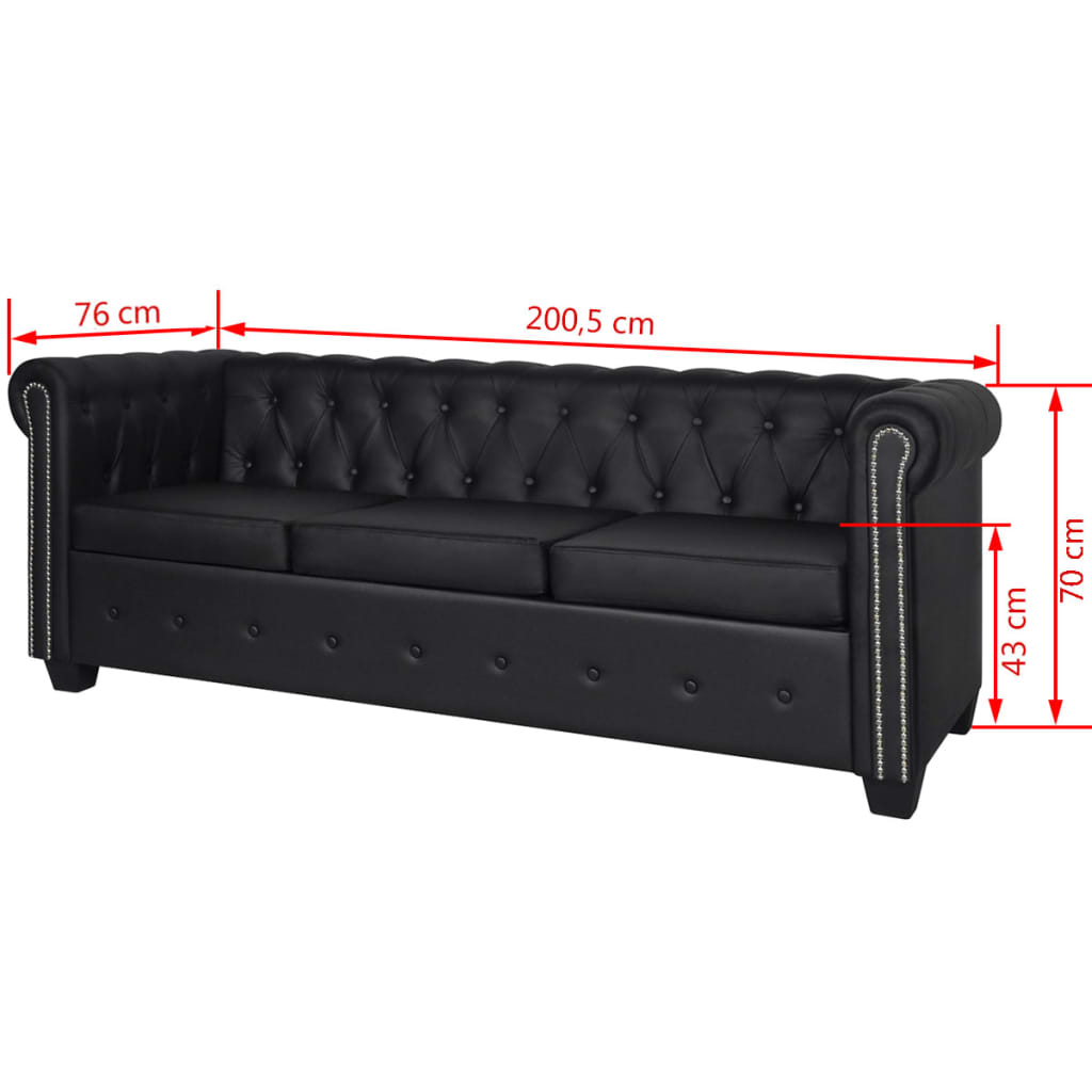 vidaXL Chesterfield dīvāns, trīsvietīgs, melna mākslīgā āda