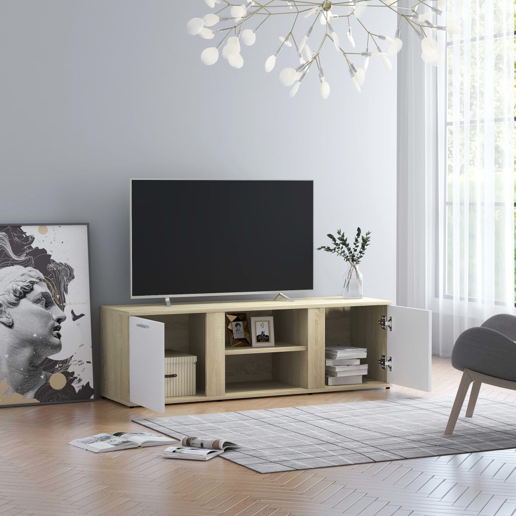 vidaXL TV skapītis, balta, ozolkoka krāsa, 120x34x37 cm, skaidu plātne