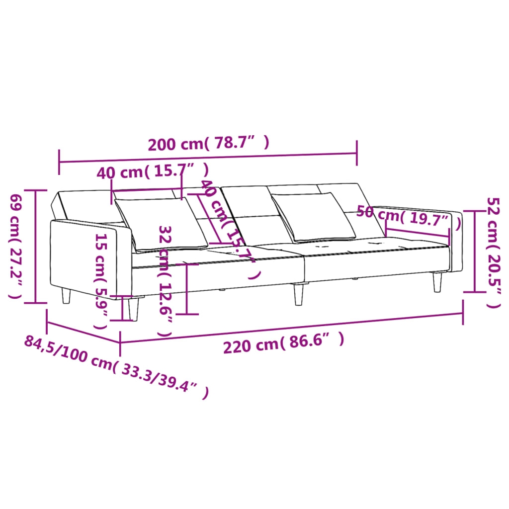 vidaXL 2-vietīga dīvāngulta ar diviem spilveniem, krēmkrāsas samts