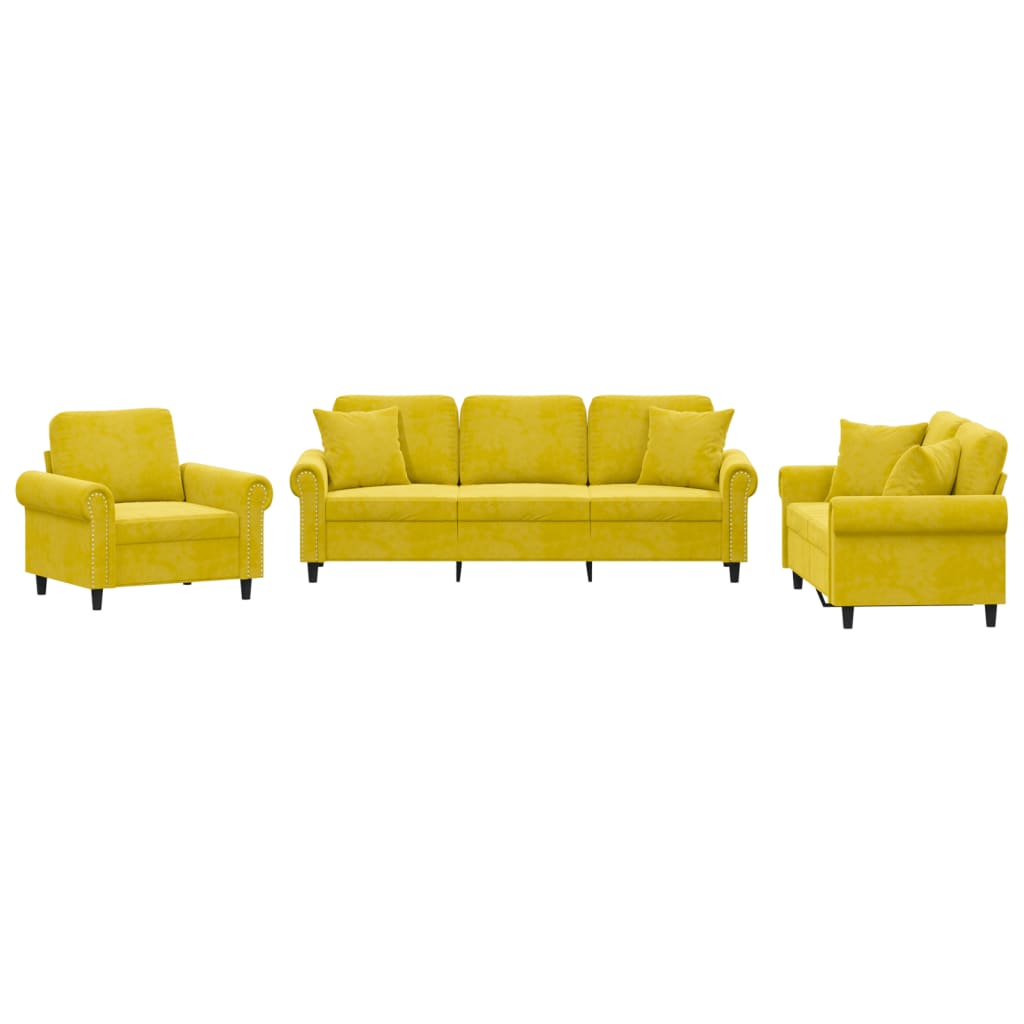 vidaXL trīsdaļīgs dīvānu komplekts ar spilveniem, dzeltens samts