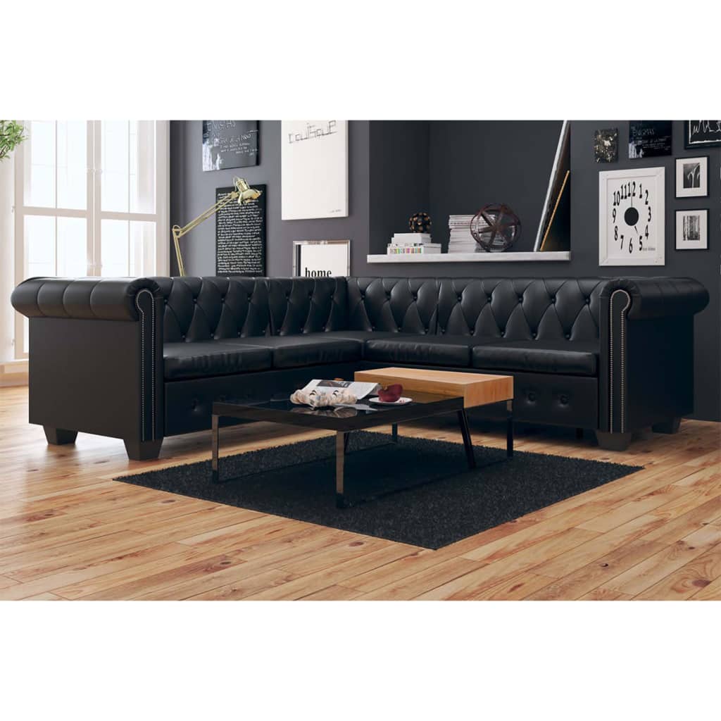 vidaXL piecvietīgs Chesterfield dīvāns, melna mākslīgā āda
