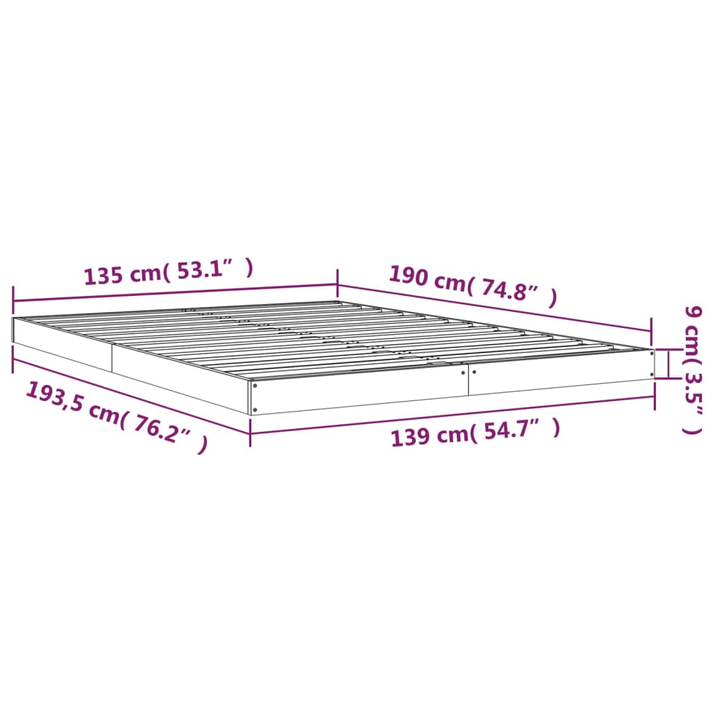 vidaXL gultas rāmis, 135x190 cm, priedes masīvkoks, divvietīgs