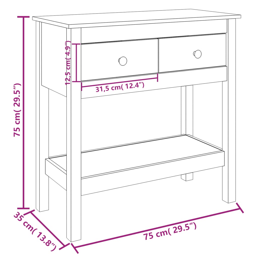 vidaXL konsoles galdiņš, balts, 75x35x75 cm, priedes masīvkoks
