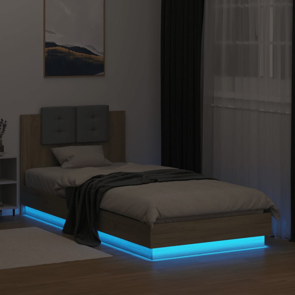 vidaXL gultas rāmis ar galvgali un LED, koka krāsa, 90x200 cm