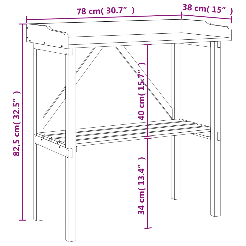 vidaXL stādīšanas galds ar plauktu, brūna, 78x38x82,5 cm, egles koks
