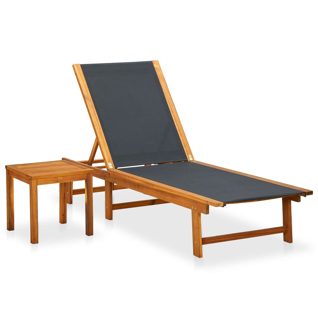 vidaXL sauļošanās zvilnis ar galdiņu, akācijas masīvkoks un tekstilēns