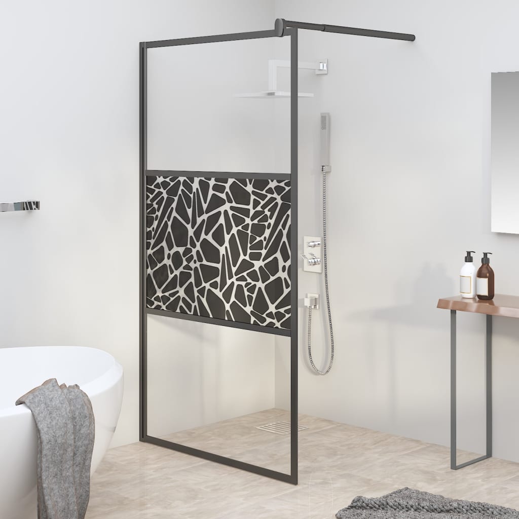 vidaXL dušas siena, 100x195 cm, ESG stikls, akmeņu dizains, melna