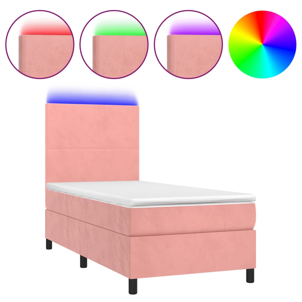 vidaXL atsperu gulta ar matraci, LED, rozā samts, 90x190 cm